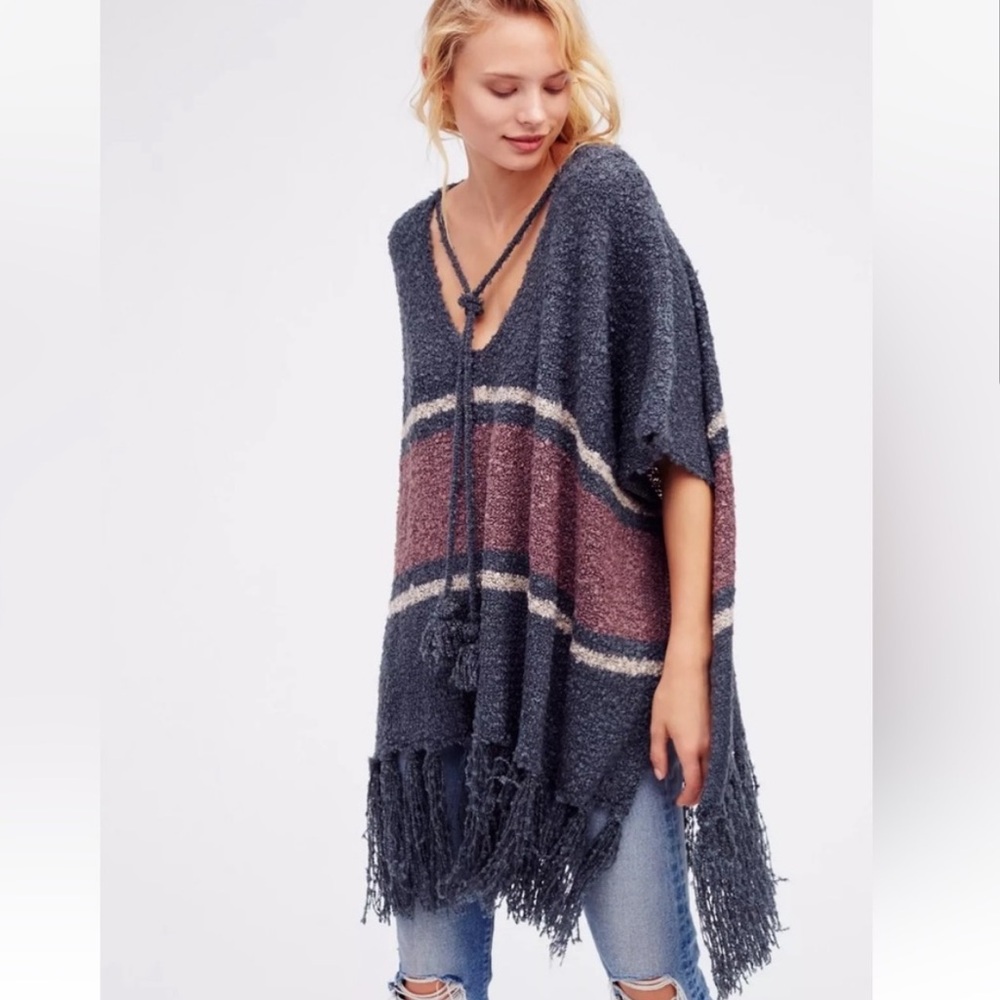 Free People Striped Fringe Juno Boucle Boho Poncho Sweater Shrug